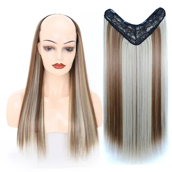 Синтетични 60 см V-образна дълга права коса за удължаване, шнола за коса, термостойкое влакна, омбре, черно, кафяво, сиво за жени
