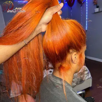 Оранжеви директни перуки, изработени от човешка коса на дантели, предварително выщипанные червеникаво-кафяви 13x4, прозрачен перука на дантели, перуки, изработени от човешка коса Remy 180%