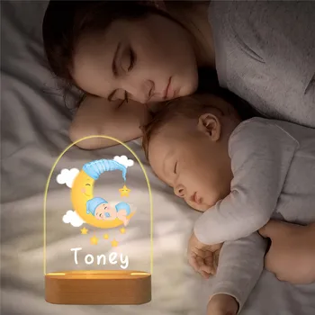 Персонализирани лека нощ Newborn Moon Baby LED RGB с потребителски име, лампа с топла / 7-цветен основа за декор на масата в детската спалня