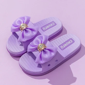 Виолетови детски чехли в корейски стил с лък в обикновен изпълнение 2023, годишна начална дишаща ежедневни обувки с отворени пръсти, нескользящая обувки за душата