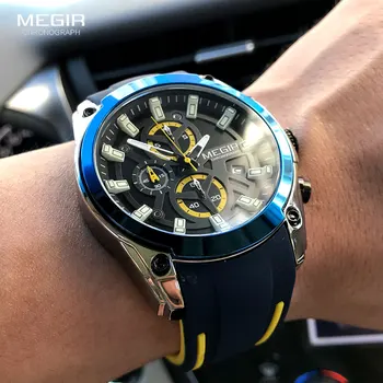 MEGIR мъжки военни спортни часовници, мъжки водоустойчив модерен ръчен часовник със синя каишка силикон, мъжки луксозни флуоресцентни часовници от най-добрите на марката