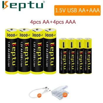 KEPTU 4шт 1,5 Литиево-йонна USB AA Батерия + 4шт 1,5 USB Lithium AAA AA AAA батерия, тип AA 3000 МВтч, AAA 1000 МВтч