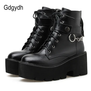 Gdgydh/ Нови пикантен дамски кожени есенни обувки от веригата на блок токчета, черни обувки на платформа в готически стил в стил пънк, дамски обувки с високо качество
