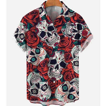 Реколта Мъжка Риза с 3d Цветен Принтом Скелета, Ужасна и Зловеща е Мъжка Риза, Свободна Риза Оверсайз, Ежедневни Облекла, Хавайска риза