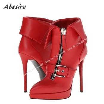 Abesire/ Червени Ботильоны на платформата с Ревера, Ботуши с цип Отпред и Пряжке, Дамски Обувки на Висок Ток-висок ток, Модни Zapatillas Mujer