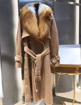 Брендовое вълнена кашемировое палто в английски стил с яка от естествена кожа червената лисица, дълги якета, ветровка Manteau Femme