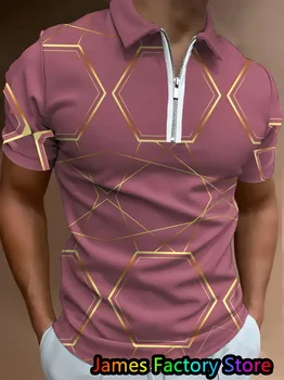Мъжки тениски-поло с цип, модни градинска облекло 2023, нова лятна риза поло с ревера, брандираната мъжка тениска с графичен дизайн, облекла в стил ретро с къс ръкав